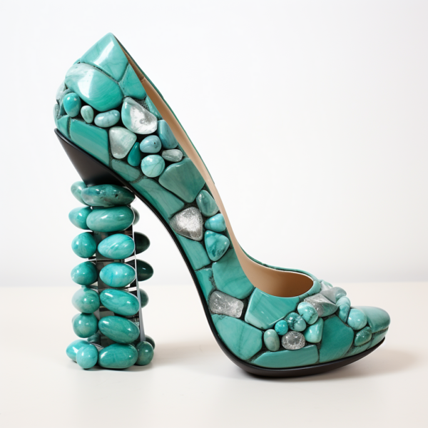 2023 high heel shoe made completely of turquoise and quartz stones